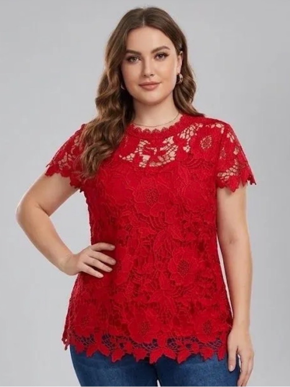 SHEIN Red Lace Short Sleeve Blouse
